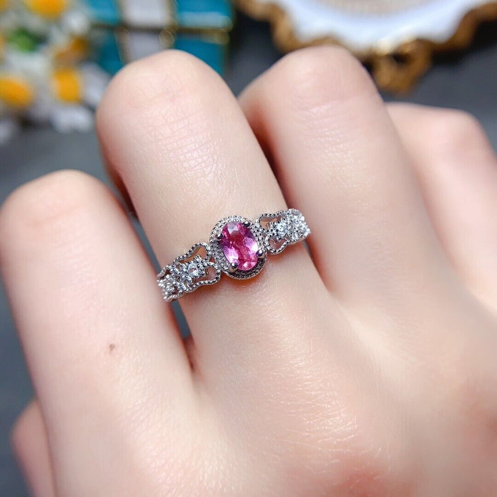 Dainty Pink Tourmaline Gemstone Ring 4x6mm Platinum Plated Silver