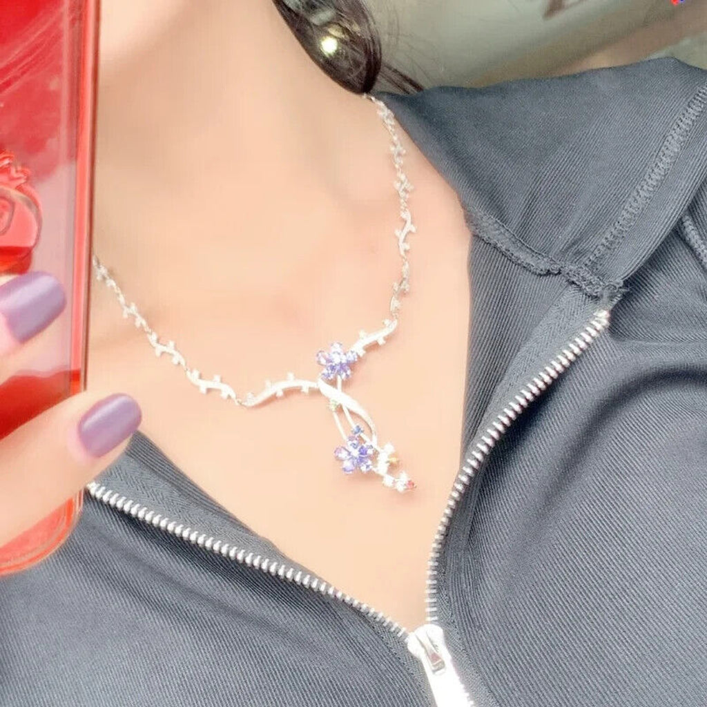 Purple Tanzanite Flower Statement Necklace, VVS1 Pear Cut Purple Tanzanite