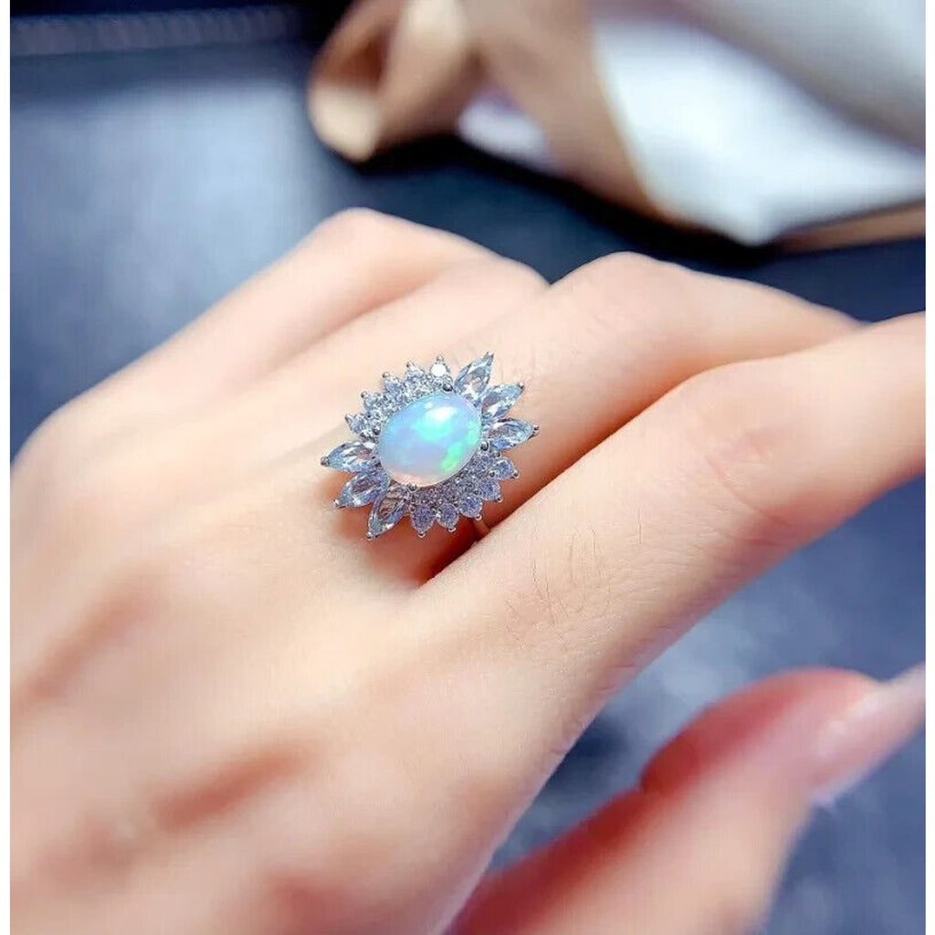 Natural Fire Opal And Aquamarine Gemstone Ring, Opal and Aquamarine Jewelry