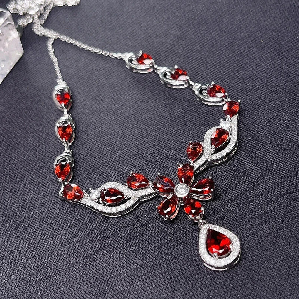 Red Garnet Flower Statement Necklace, Natural Garnet Gemstone Necklace