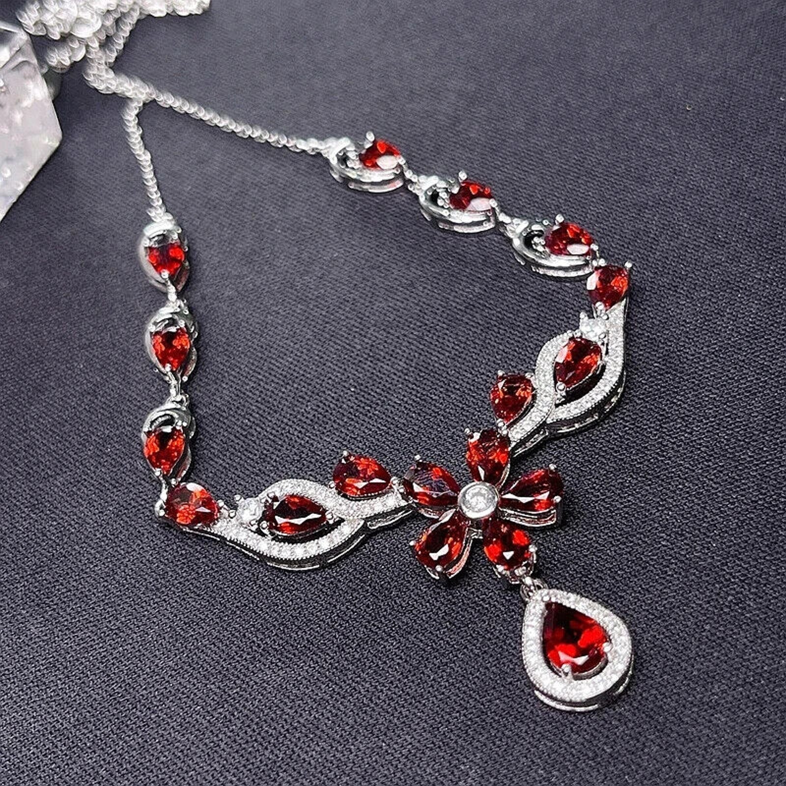 Red Garnet Flower Statement Necklace, Natural Garnet Gemstone Necklace