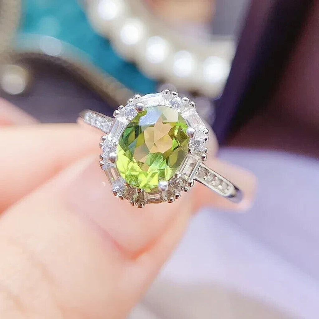 Natural Peridot Gemstone Ring 7x9mm 2CT, August Birthstone Peridot Ring