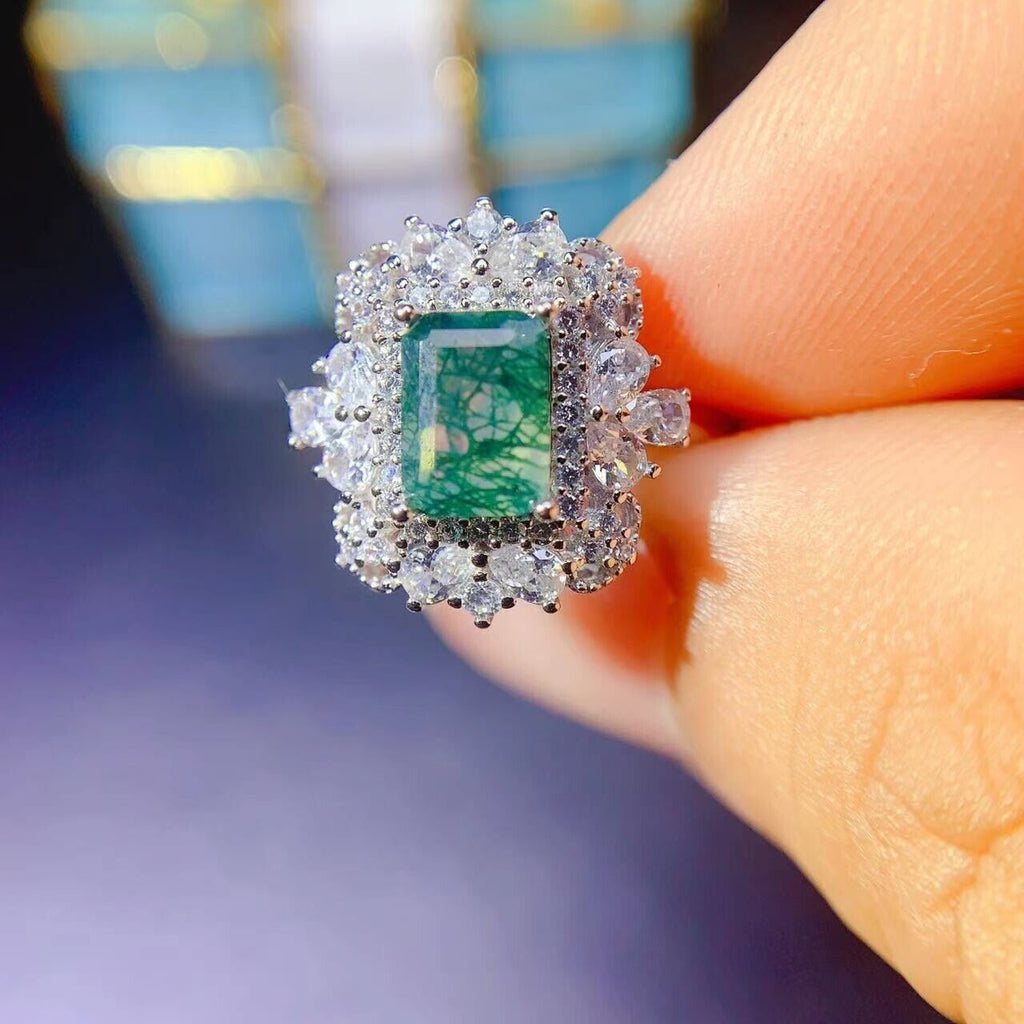 Moss Agate Cocktail Ring 5x7mm 925 Sterling Silver