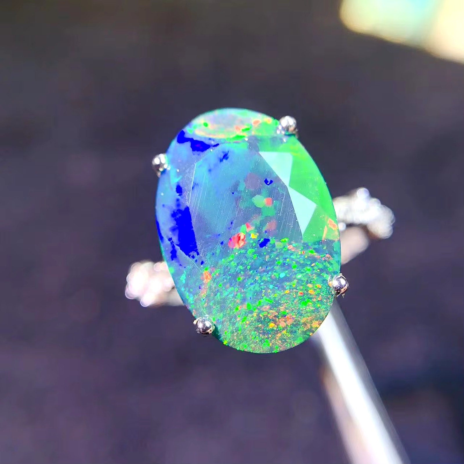 Black Opal Statement Ring, Australian Fire Opal Ring Sterling Silver 10.5x15mm