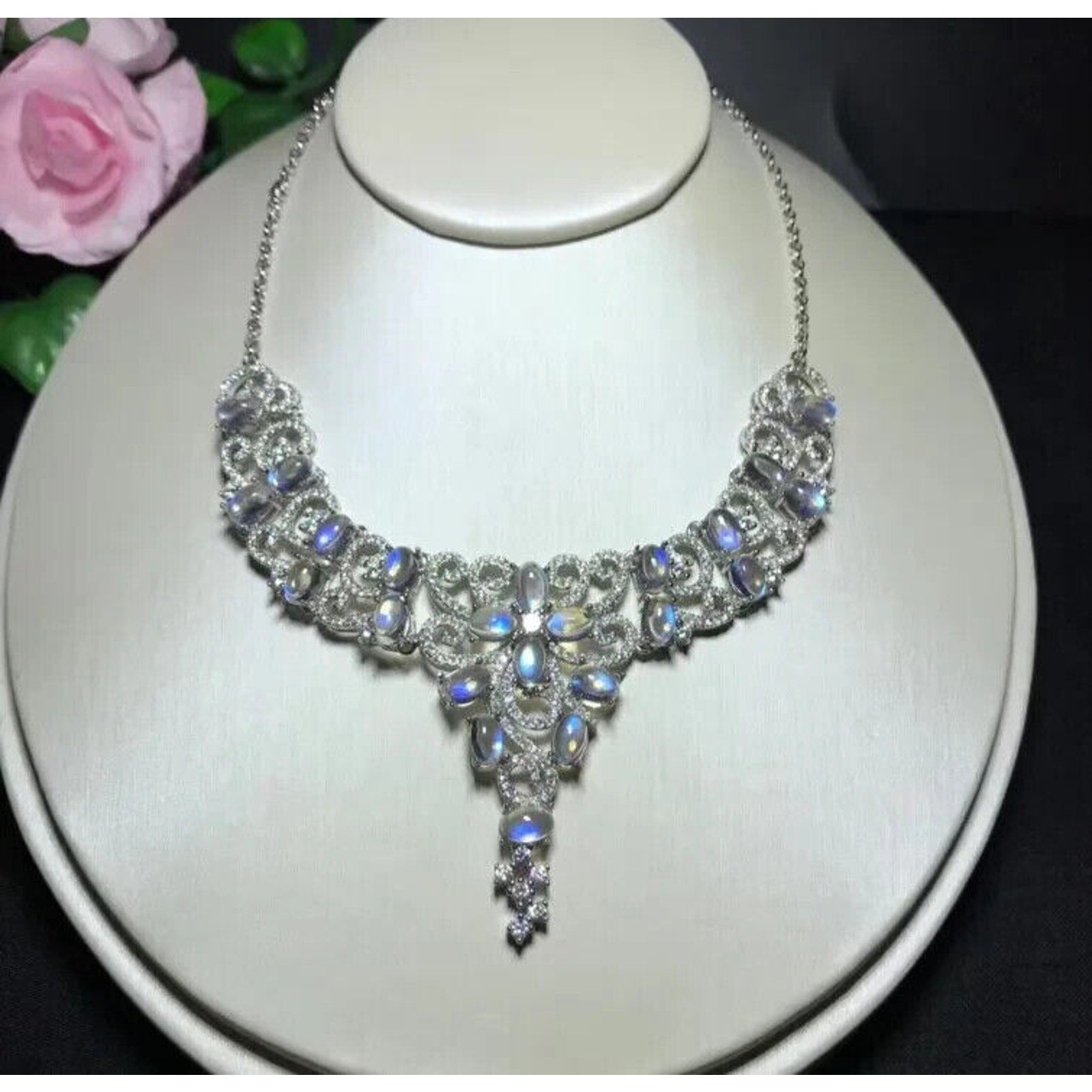 Natural Moonstone Statement Necklace, Blue Moonstone Collar Necklace Platinum CZ