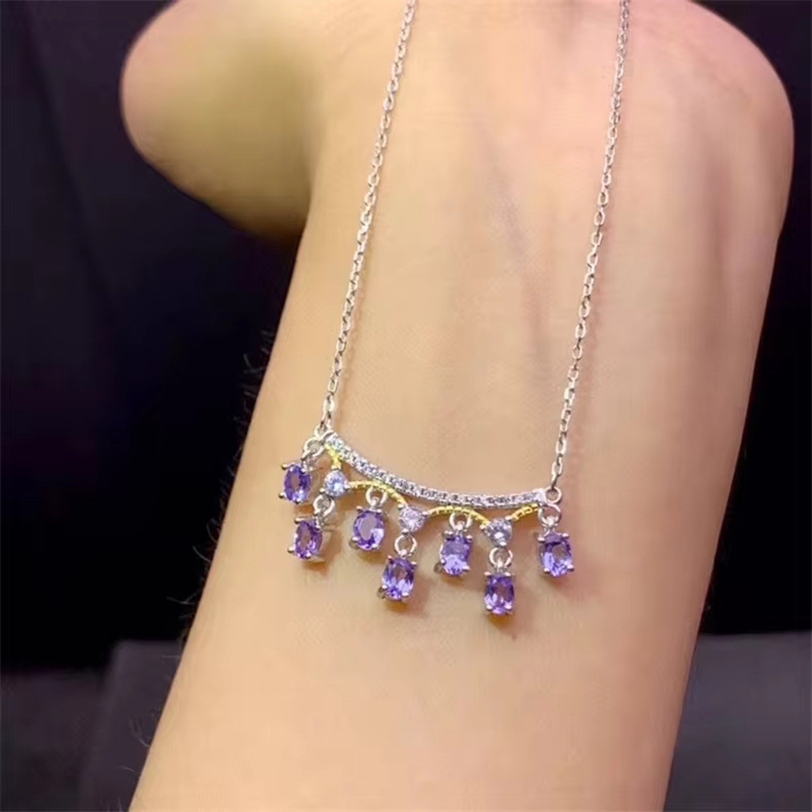 Tanzanite Necklace, Dainty Purple Tanzanite Charm Necklace Sterling Silver 3x4mm