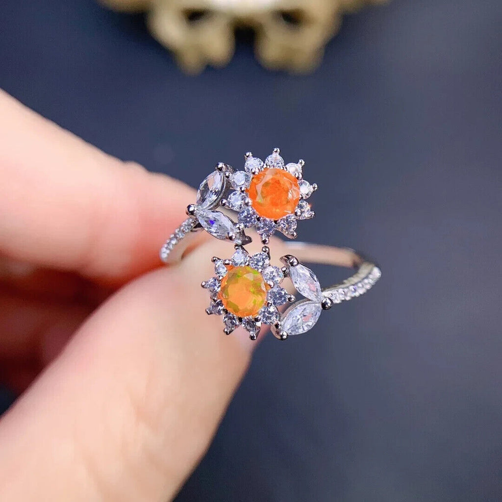 Orange Fire Opal Dainty Flower Ring, Natural Orange Opal Cluster Ring Sterling