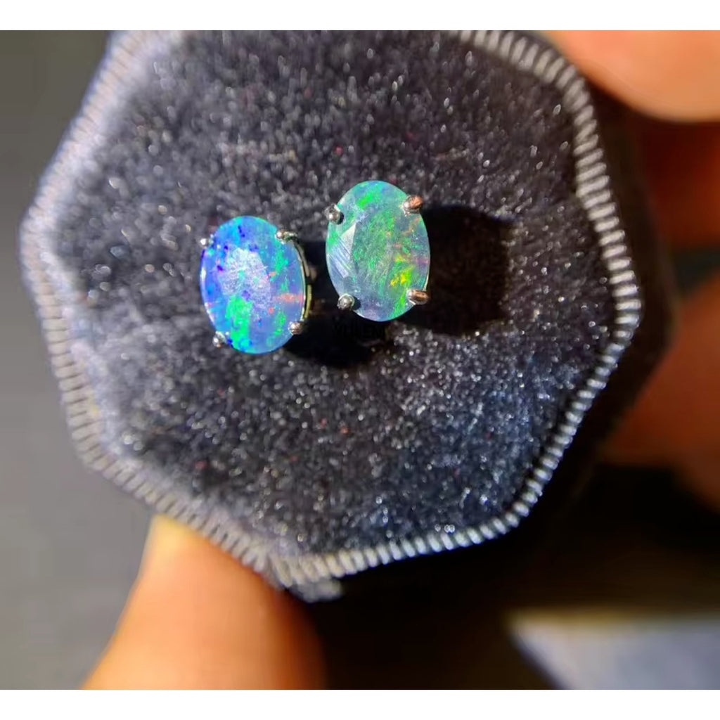 Faceted Black Fire Opal Stud Earrings 7x9mm, Natural Fire Opal Stud Earrings