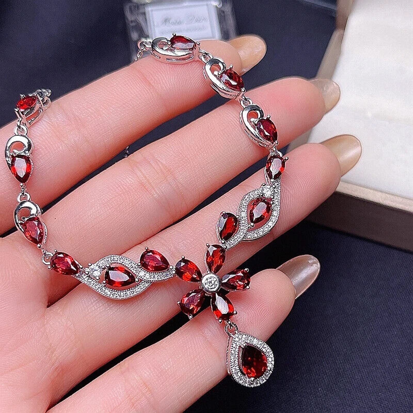 Red Garnet Flower Statement Necklace, Natural Garnet Gemstone Necklace