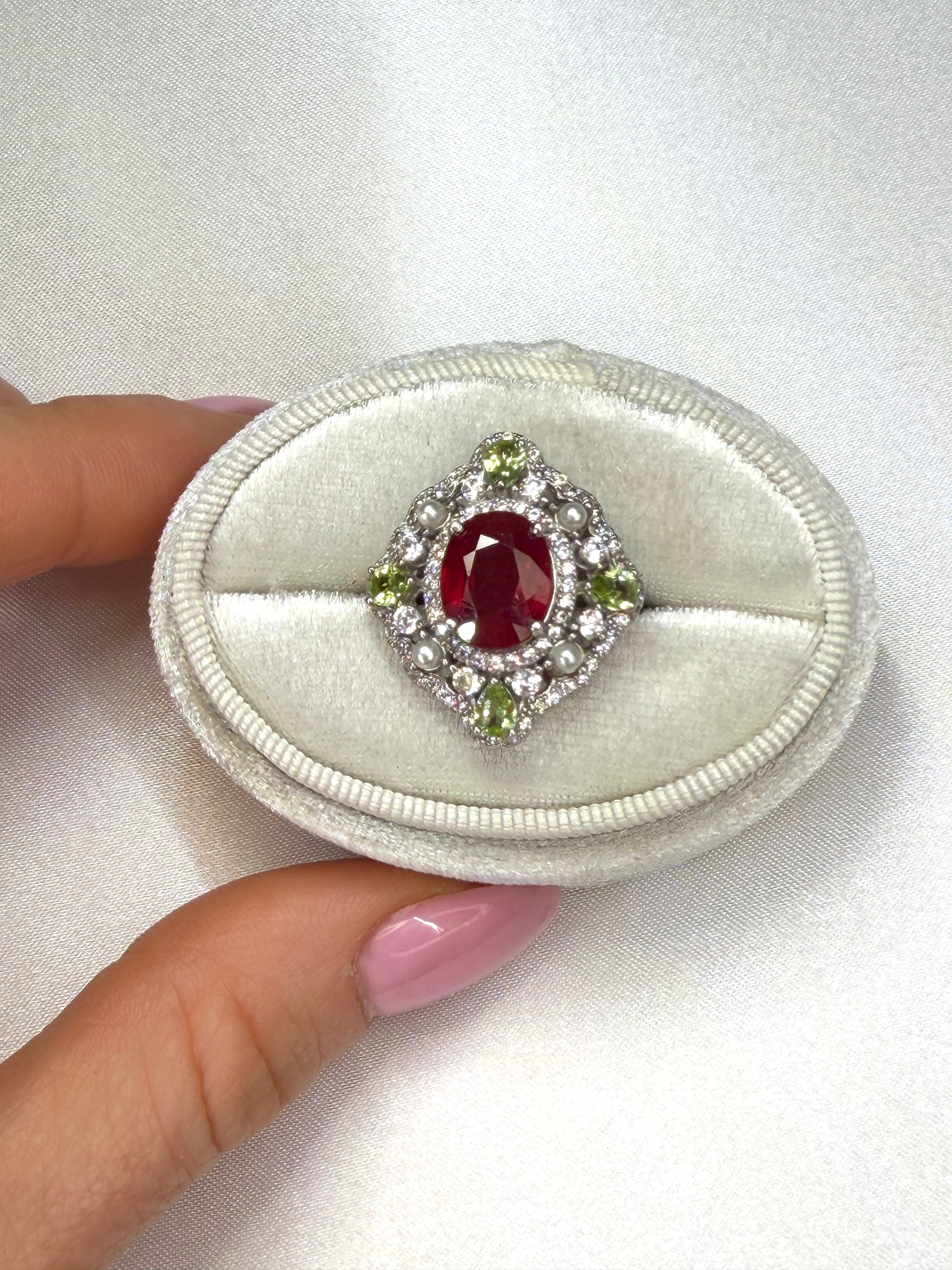 Natural Burma Ruby and Peridot Gemstone Statement Ring