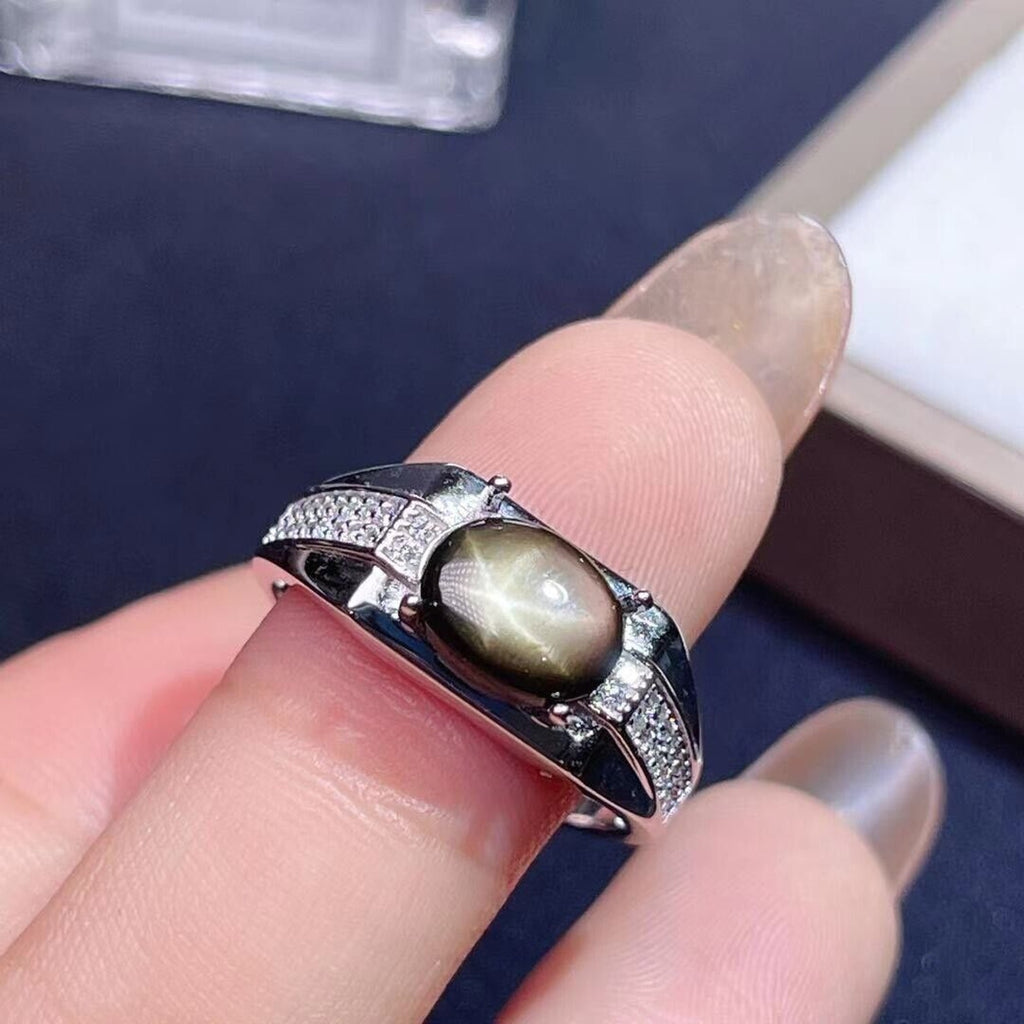 Men's Gray Star Sapphire Ring, 7x9mm Natural Gray Star Sapphire Ring Sterling