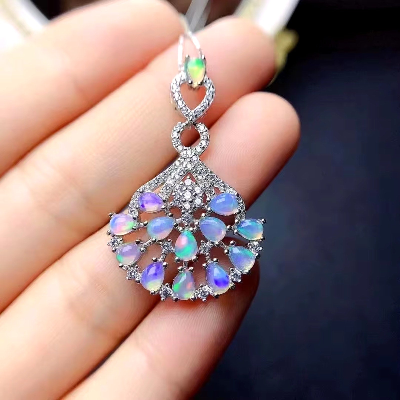 Fire Opal Cluster Pendant Necklace 925 Sterling Silver