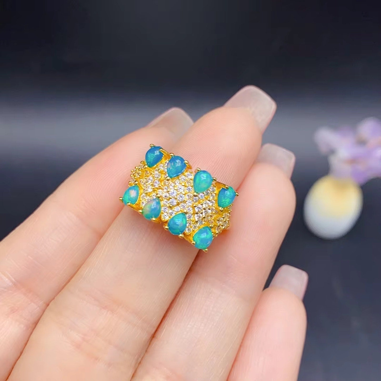 Blue Fire Opal Band Ring 925 Sterling Silver, Natural Fire Opal Ring