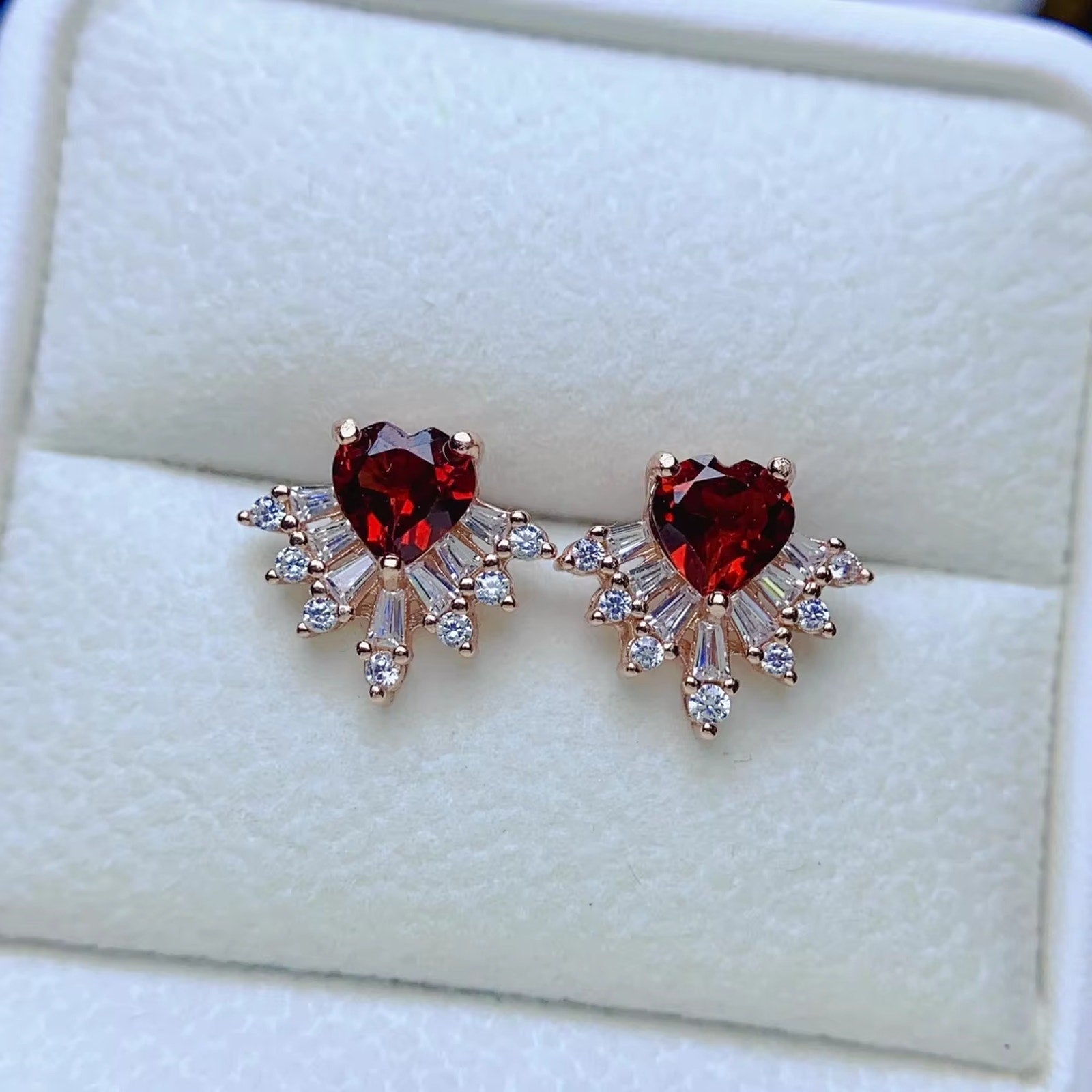 Red Garnet Heart Earrings, Garnet Earrings 925 Sterling Silver, Heart Earrings