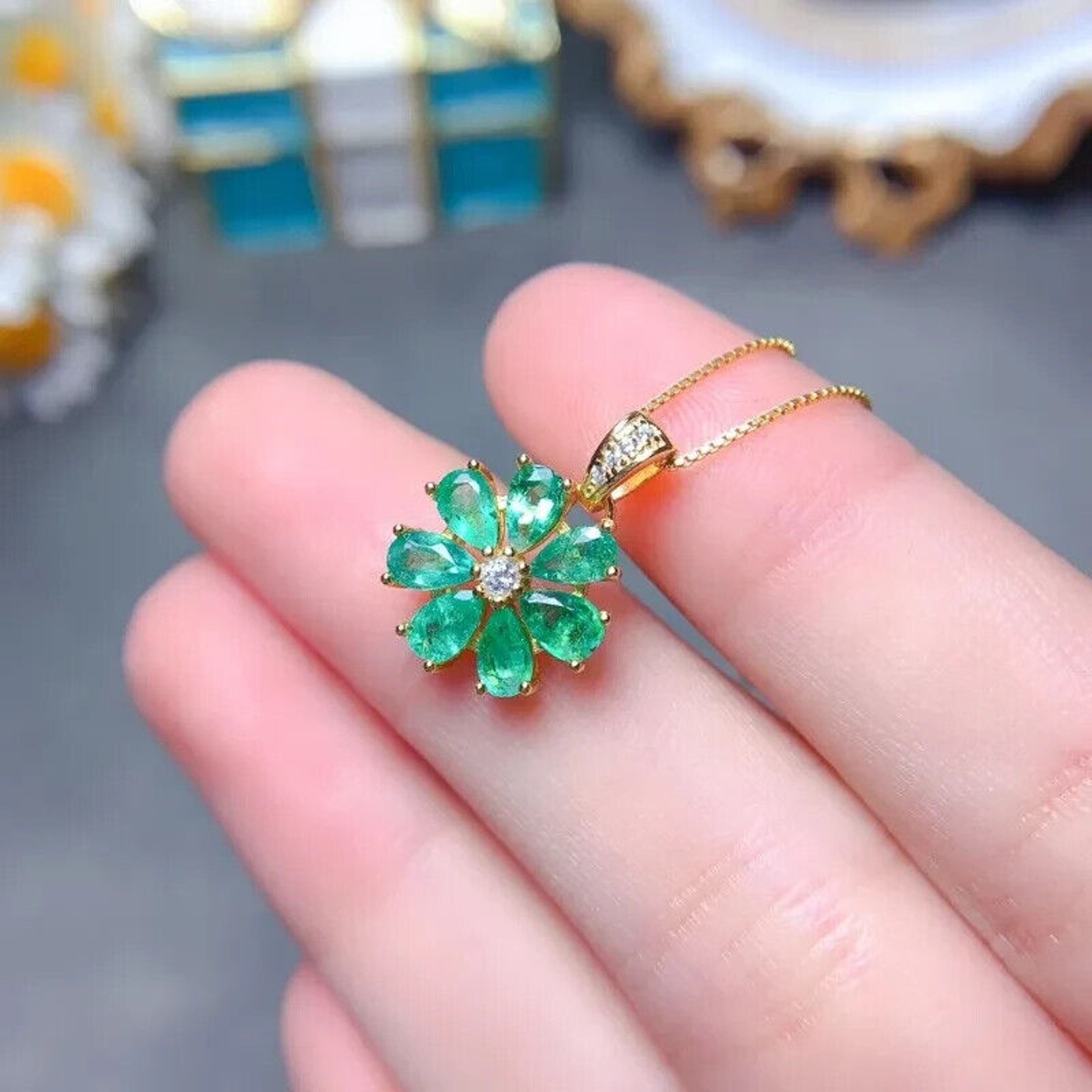 Natural Columbian Emerald Flower Pendant Necklace