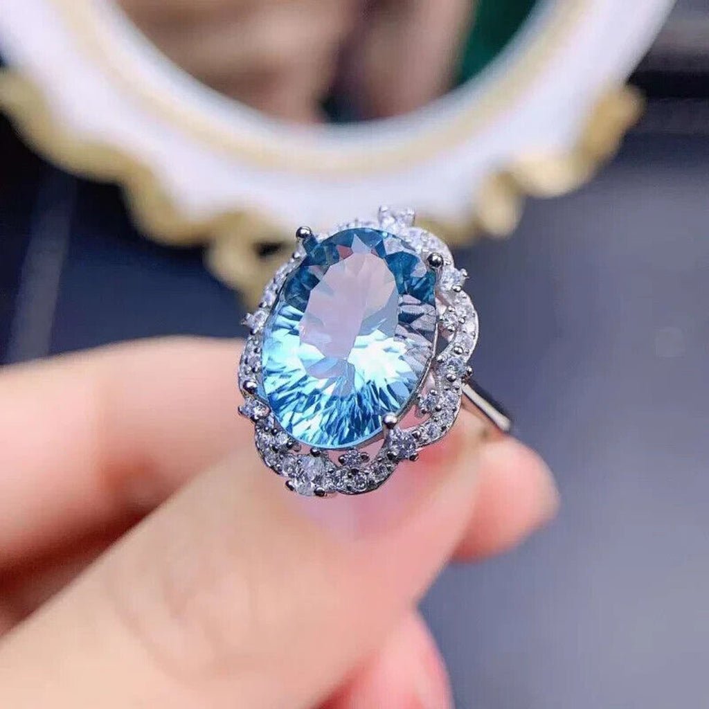 Natural Blue Topaz Gemstone Ring 10x14mm, Large Blue Topaz Cocktail Ring