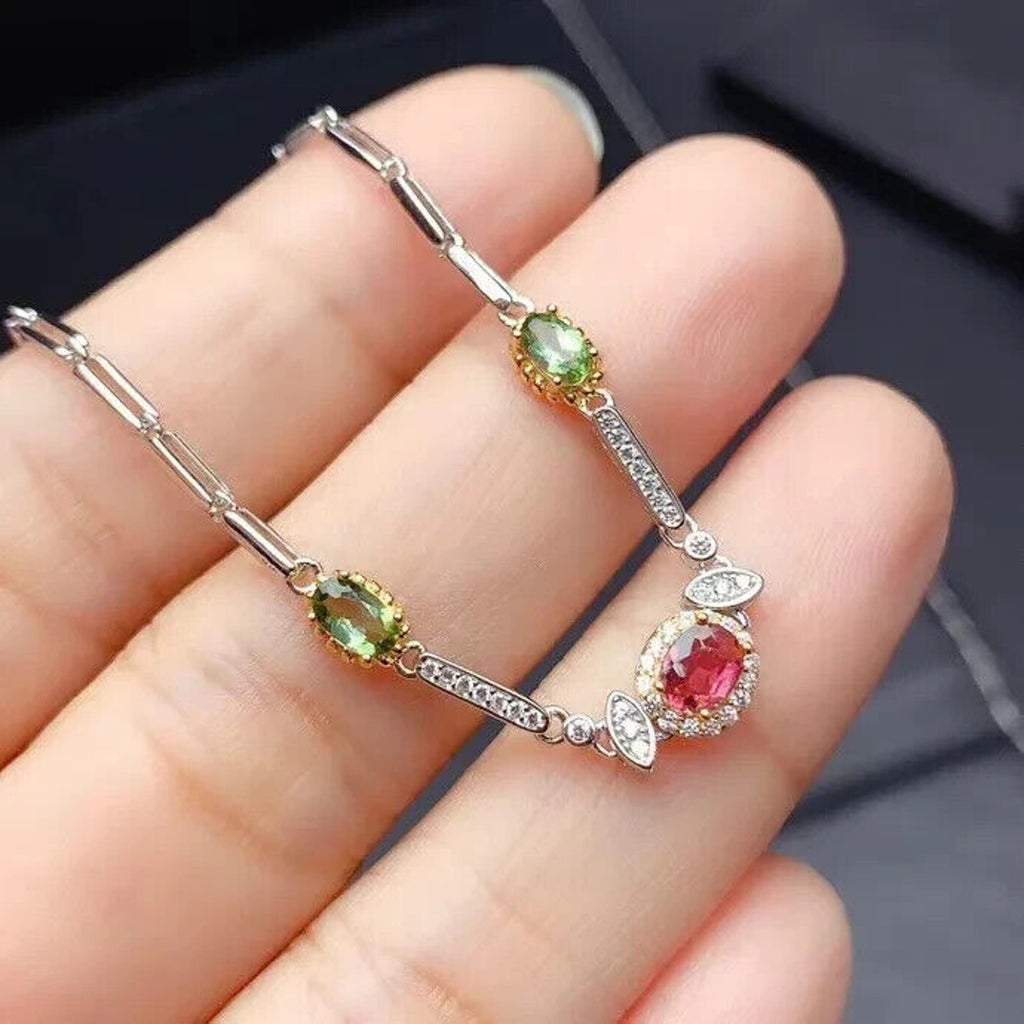 Natural Tourmaline Gemstone Paperclip Chain Bracelet, Pink and Green Tourmaline