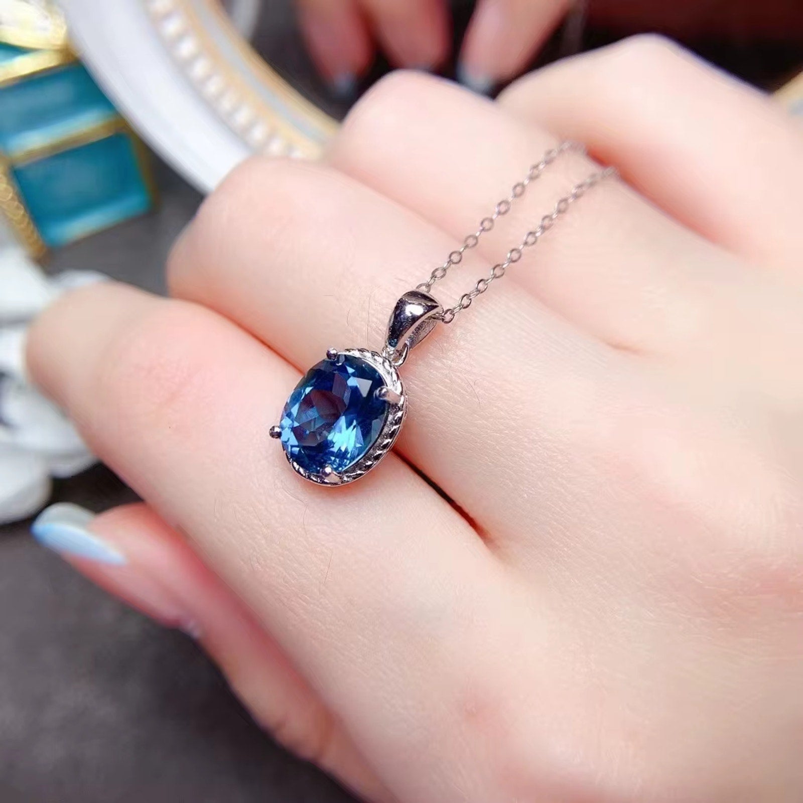 3CT London Blue Topaz Pendant Necklace, 925 Sterling Silver Blue Topaz Necklace