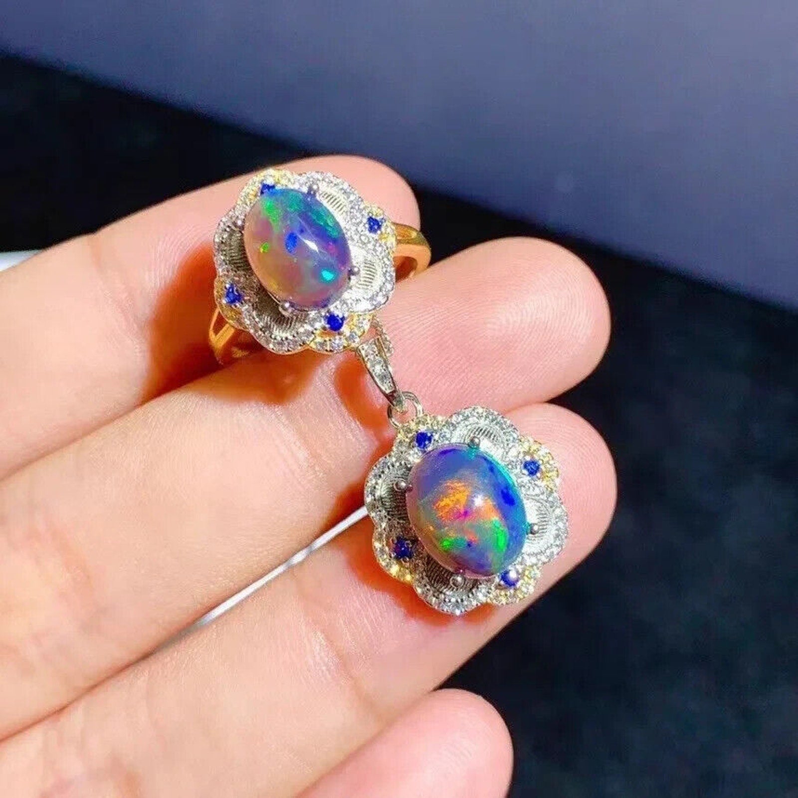 Natural Black Opal Jewelry Set 8x10mm, Colorful Fire Opal Pendant and Ring Set