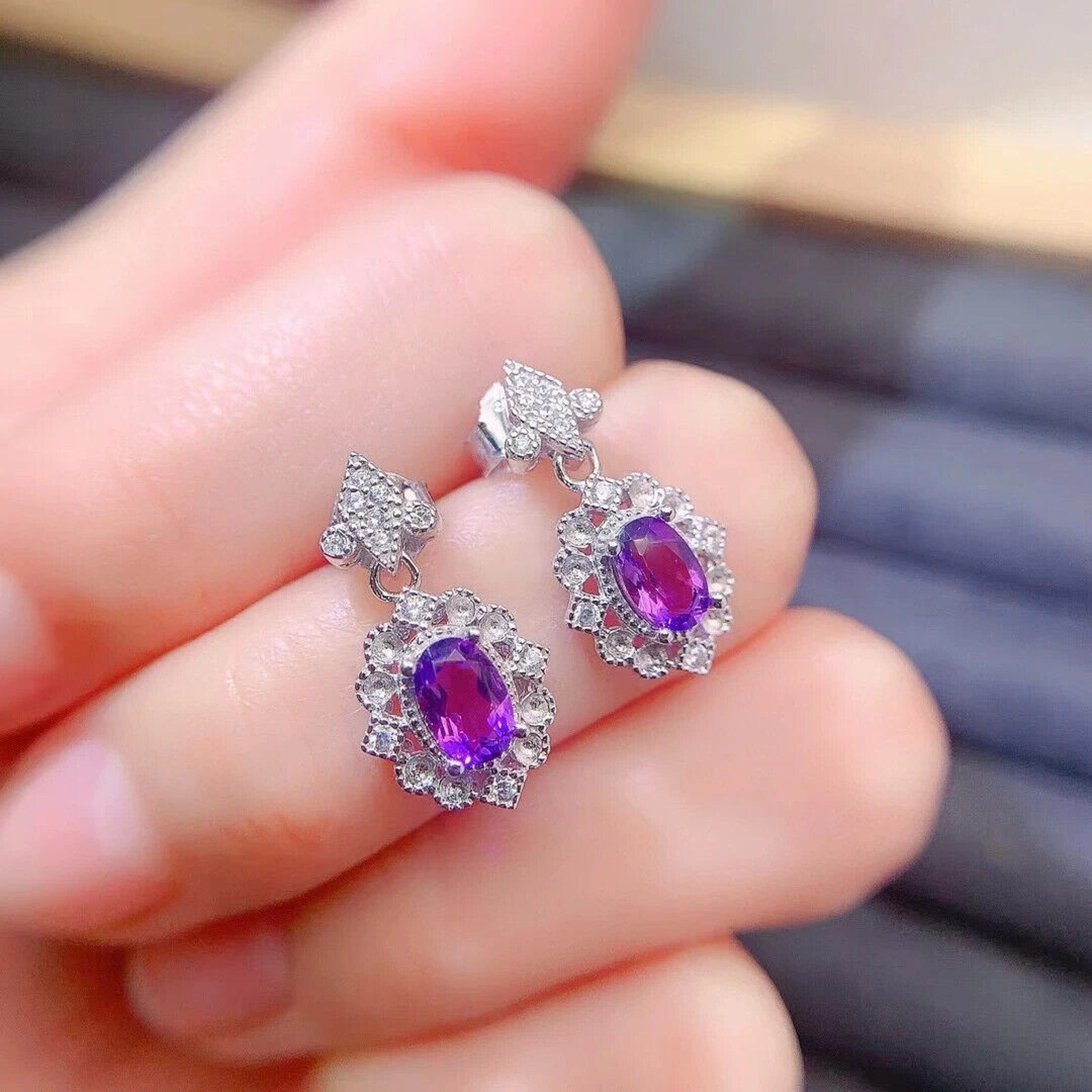 Amethyst Dangle Earrings 4x6mm Platinum Plated, Purple Amethyst Earrings