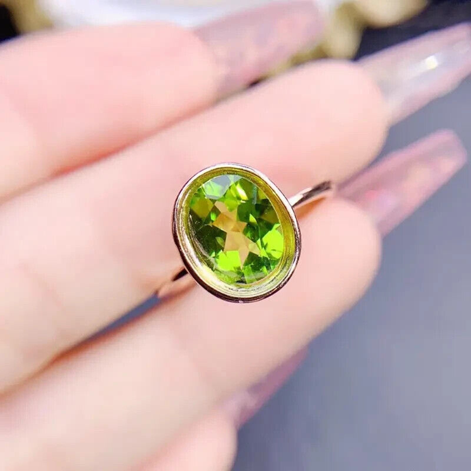 Natural Peridot Gemstone Ring 7x9mm 2CT, August Birthstone Peridot Ring