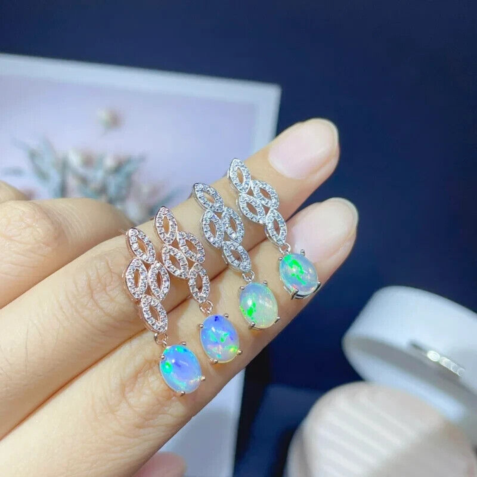 Natural Fire Opal Rose Gold Dangle Earrings, Colorful Fire Opal Earrings 6x8mm