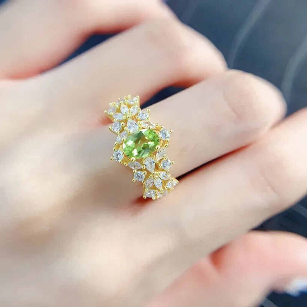 Natural Peridot Gemstone Statement Ring 5x7mm, August Birthstone Peridot Ring