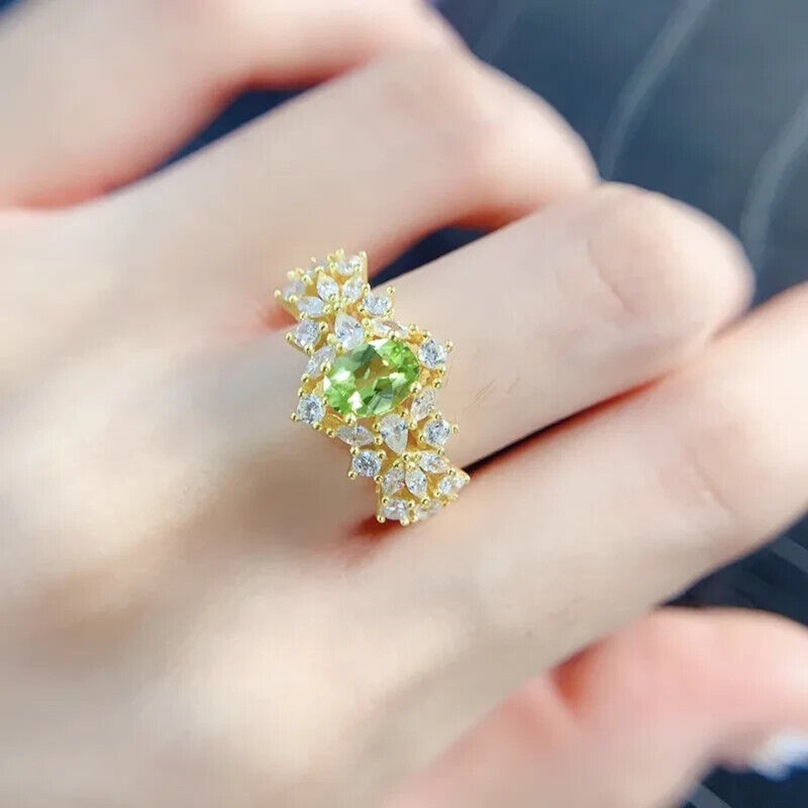 Natural Peridot Gemstone Statement Ring 5x7mm, August Birthstone Peridot Ring