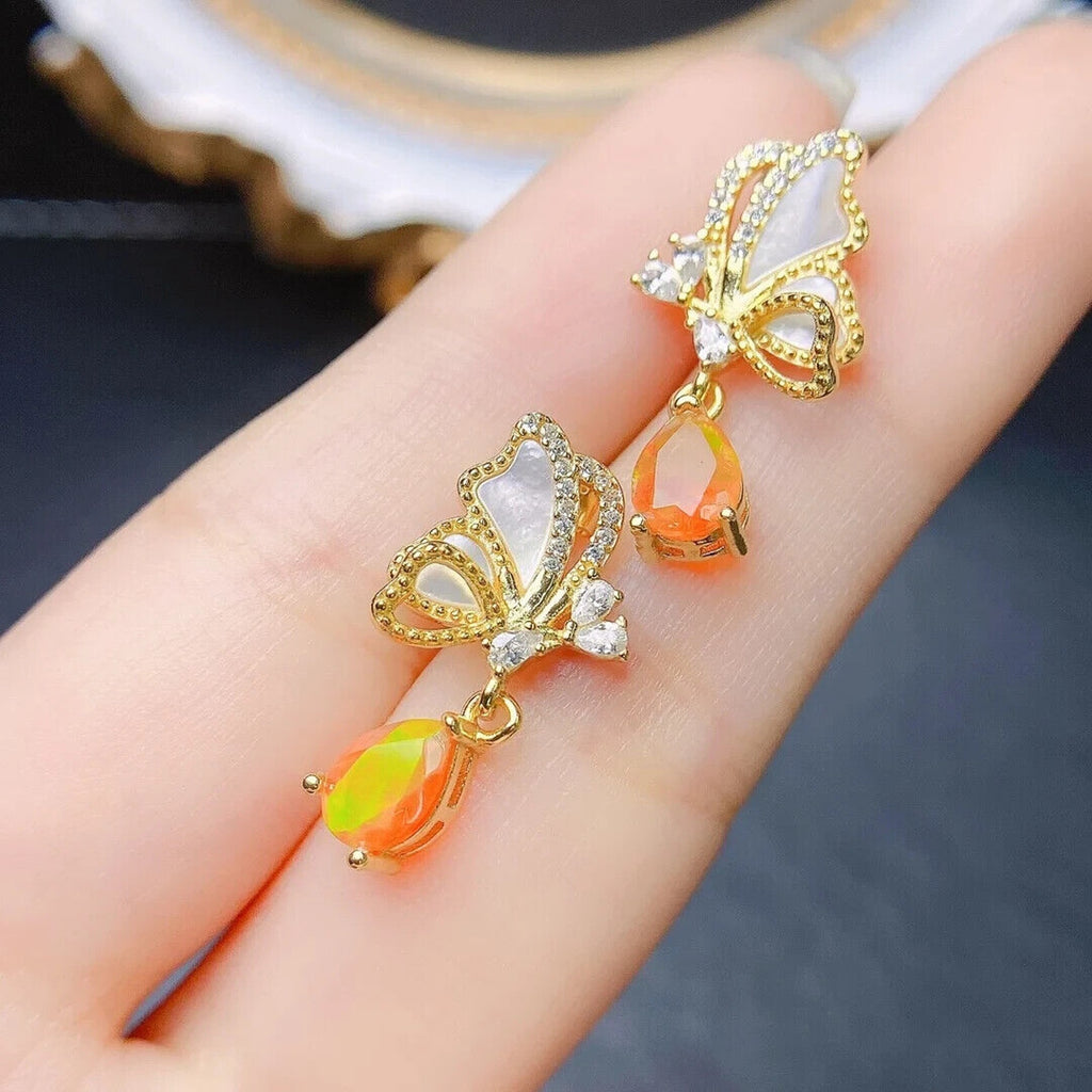 Orange Fire Opal Pear Statement Earrings 5x7mm, Orange Opal Earrings