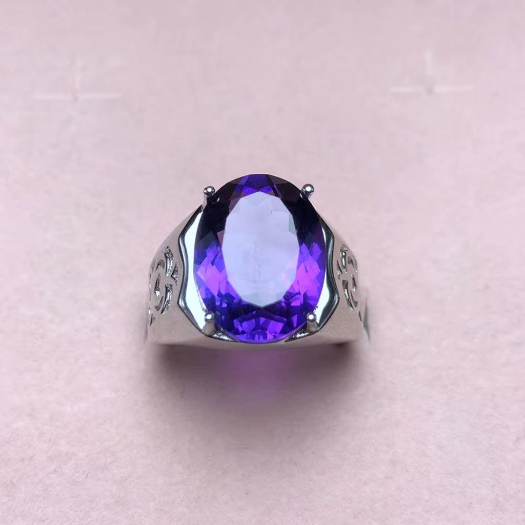 12CT Mens Amethyst Ring 925 Sterling Silver, Gemstone Rings For Men