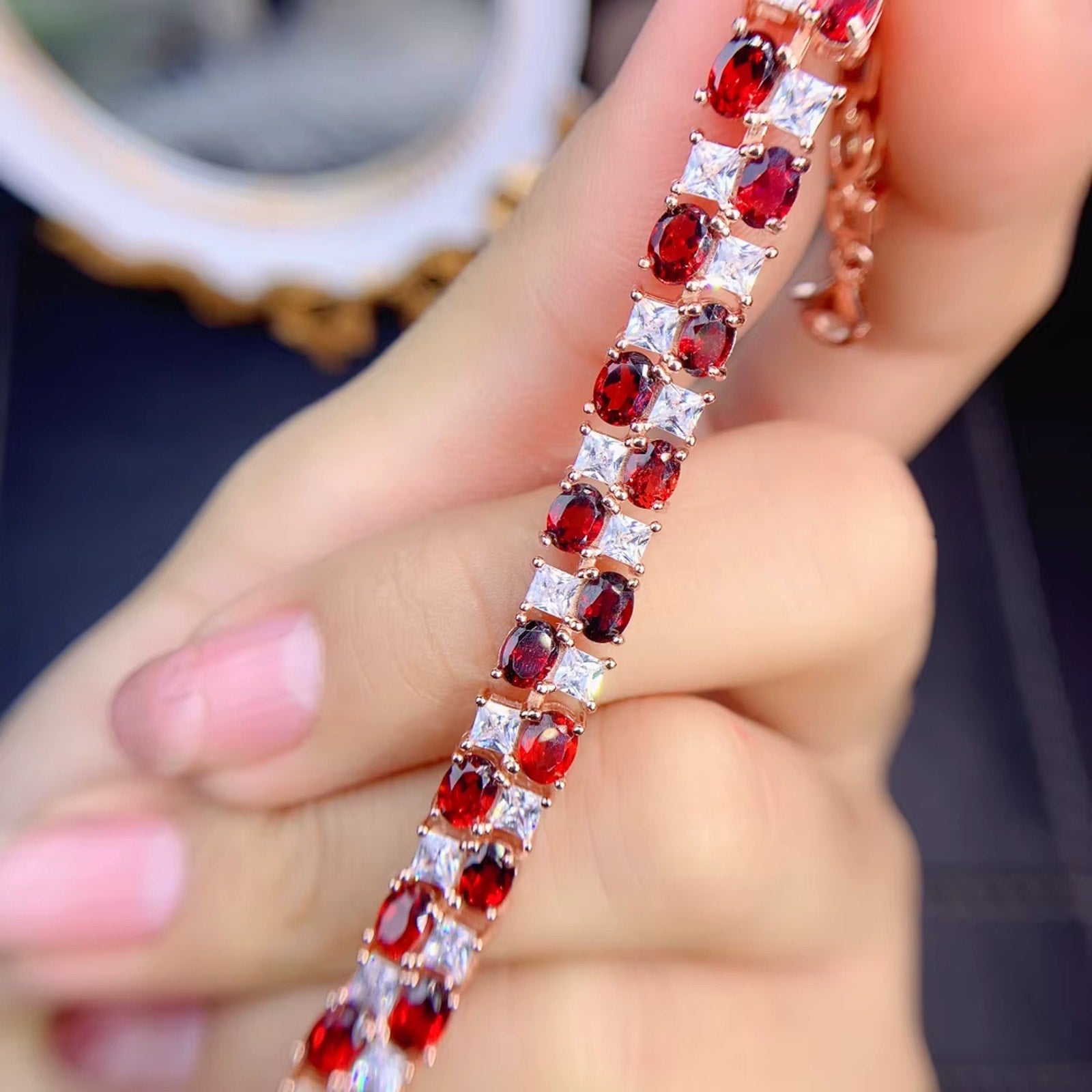 Red Garnet Tennis Bracelet, Natural Garnet Gemstone Bracelet 3x4mm 925 Sterling
