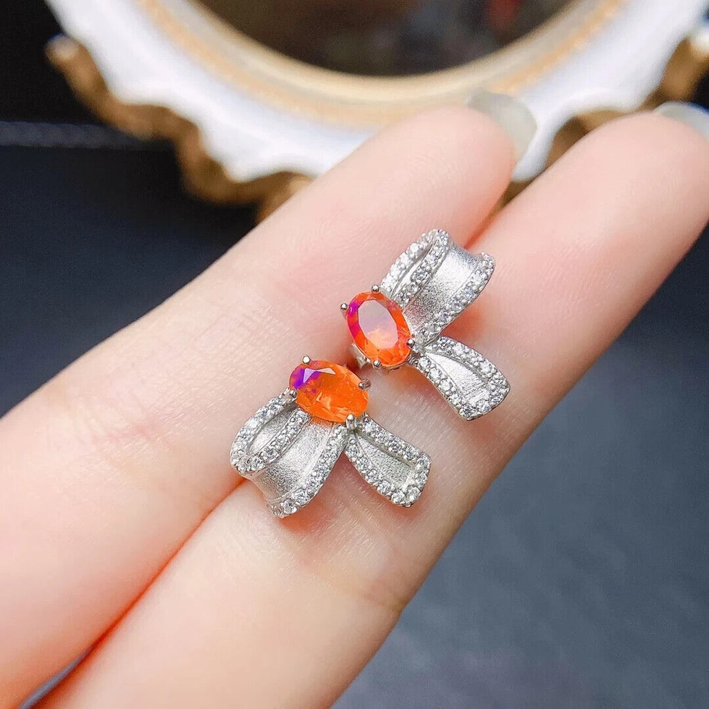Orange Fire Opal Bow Tie Earrings, Natural Orange Opal Stud Earrings 4x6mm