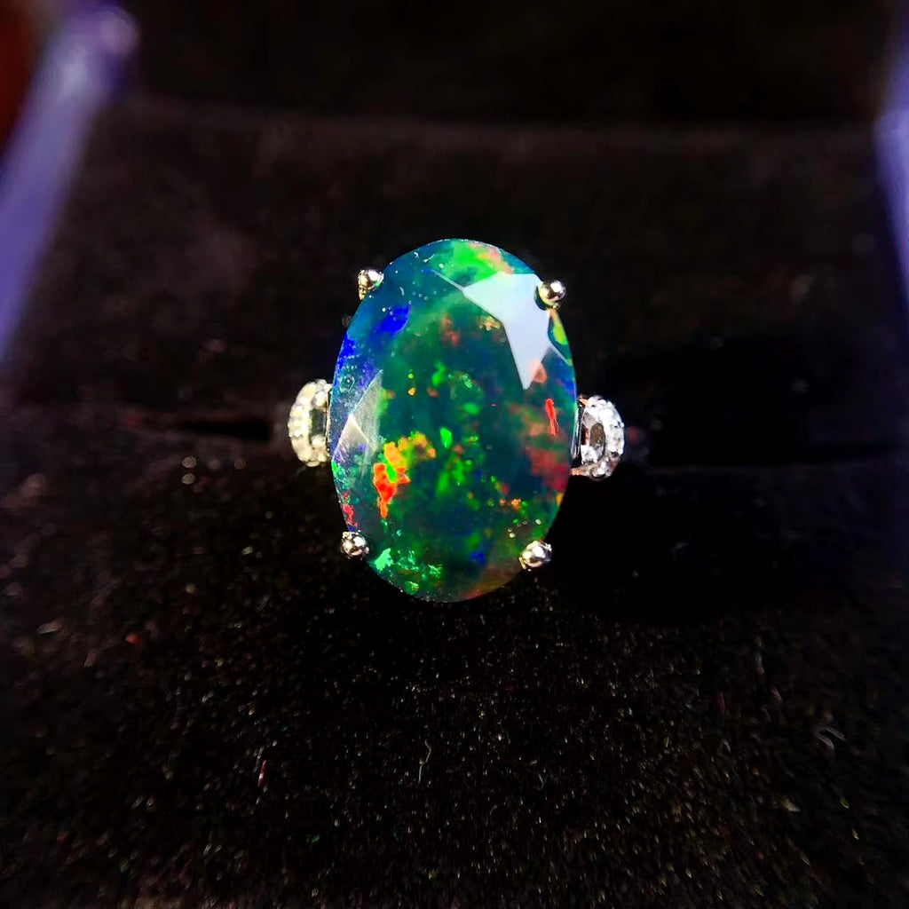 Faceted Black Opal Ring, Australian Fire Opal Statement Ring Sterling Silver