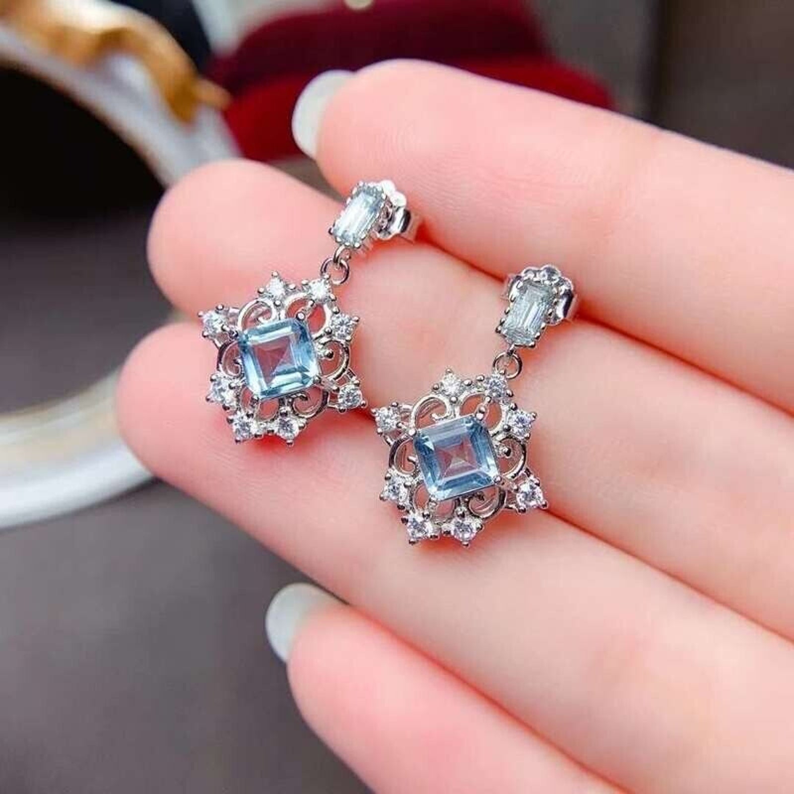 Vintage Garnet Dangle Earrings, High Court Gemstone Earrings, Garnet, Blue Topaz