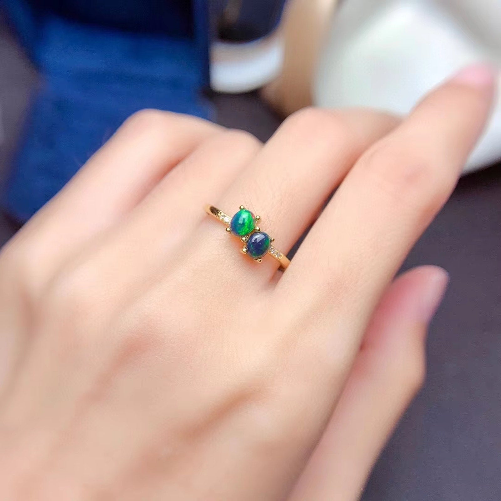 Colorful Fire Opal Statement Ring, Natural Black Fire Opal Ring Sterling Silver