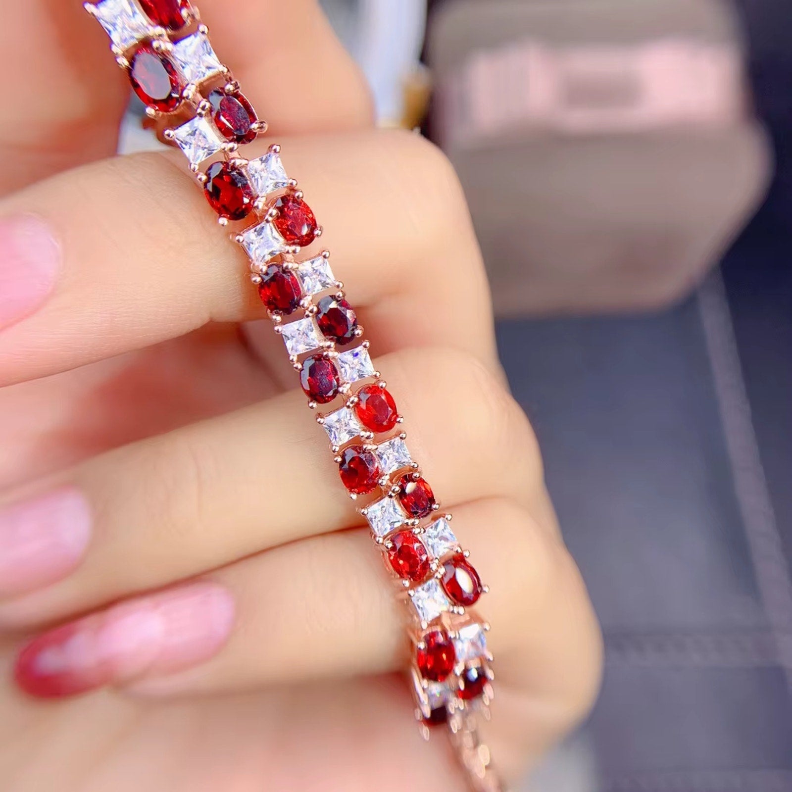 Red Garnet Tennis Bracelet, Natural Garnet Gemstone Bracelet 3x4mm 925 Sterling