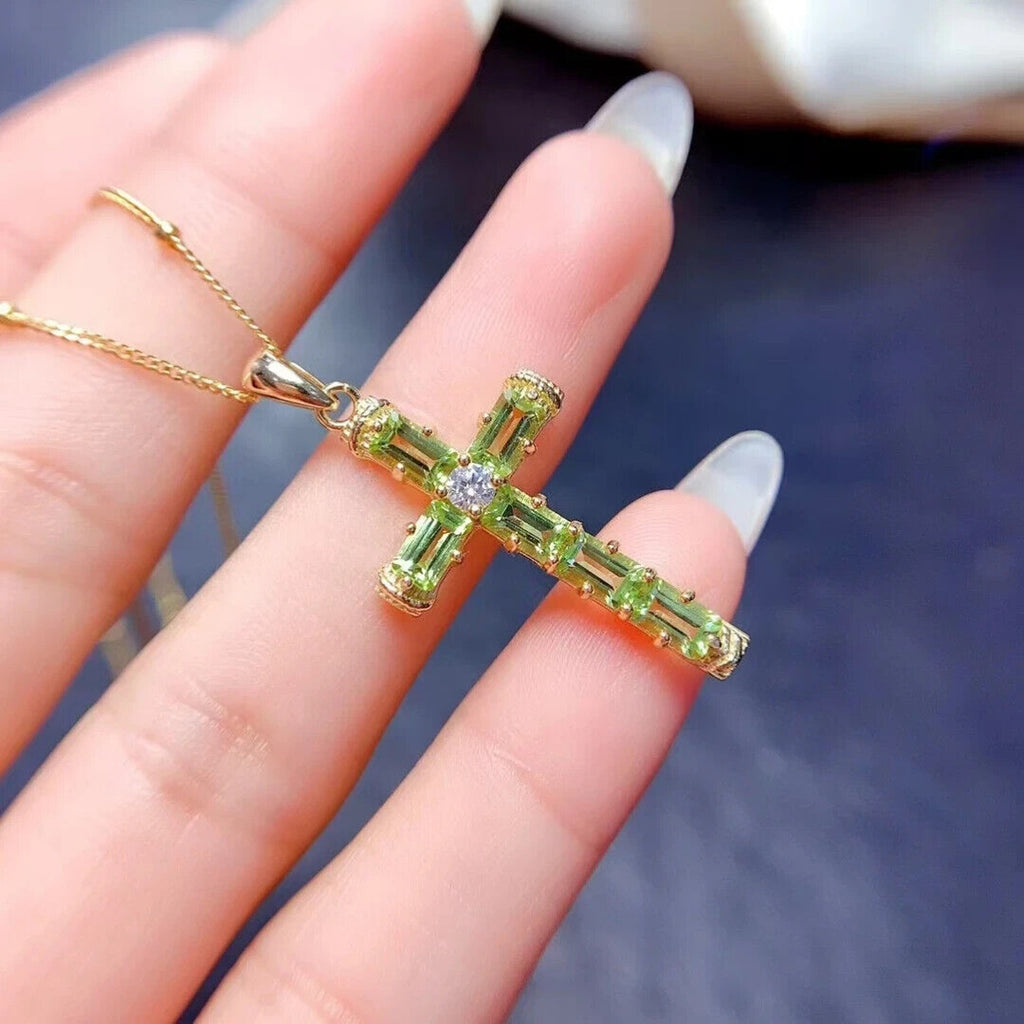 August Birthstone Peridot Gemstone Cross Necklace 3x5mm