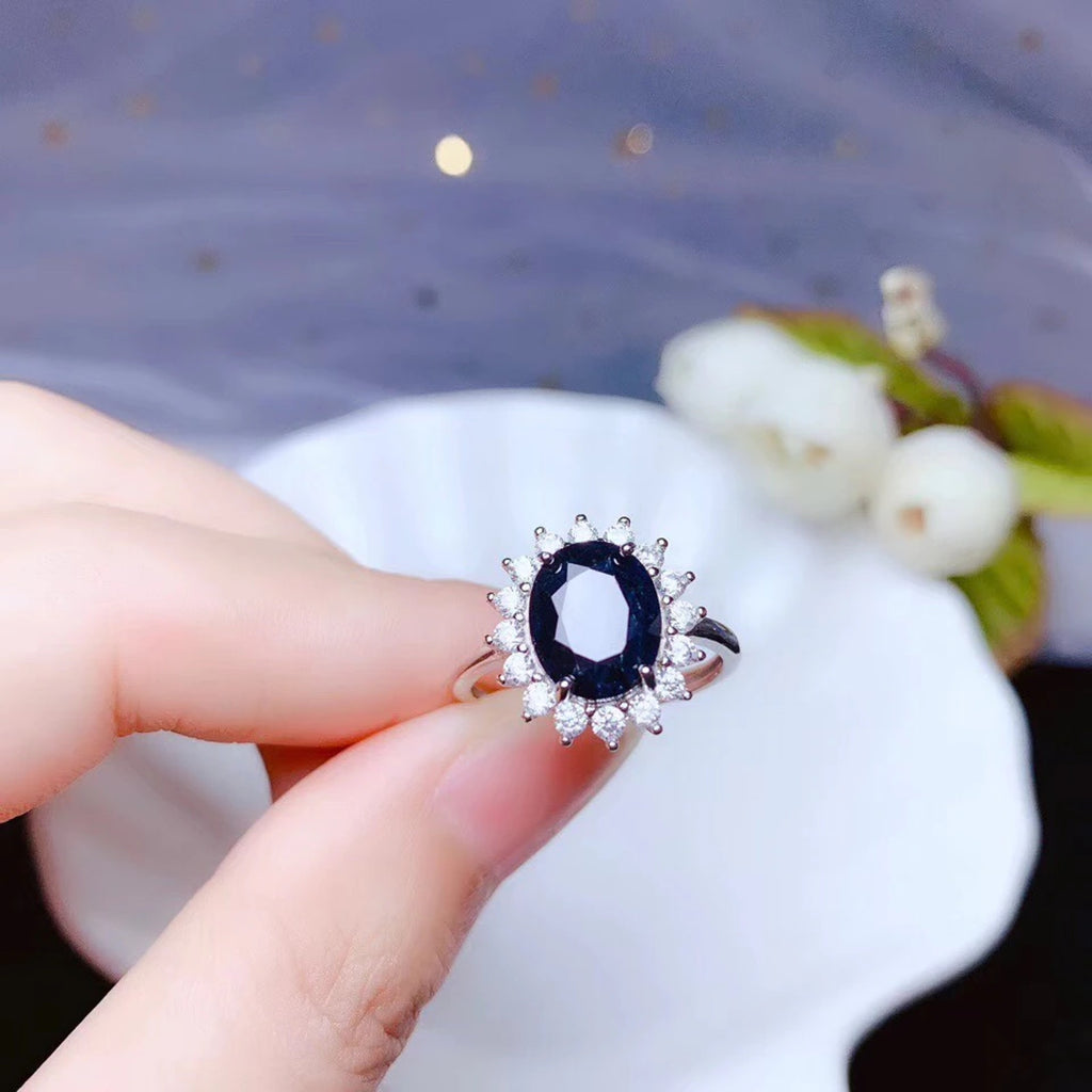 8x10mm Black Sapphire Ring, Prince Diana Sapphire Ring, Oval Sapphire
