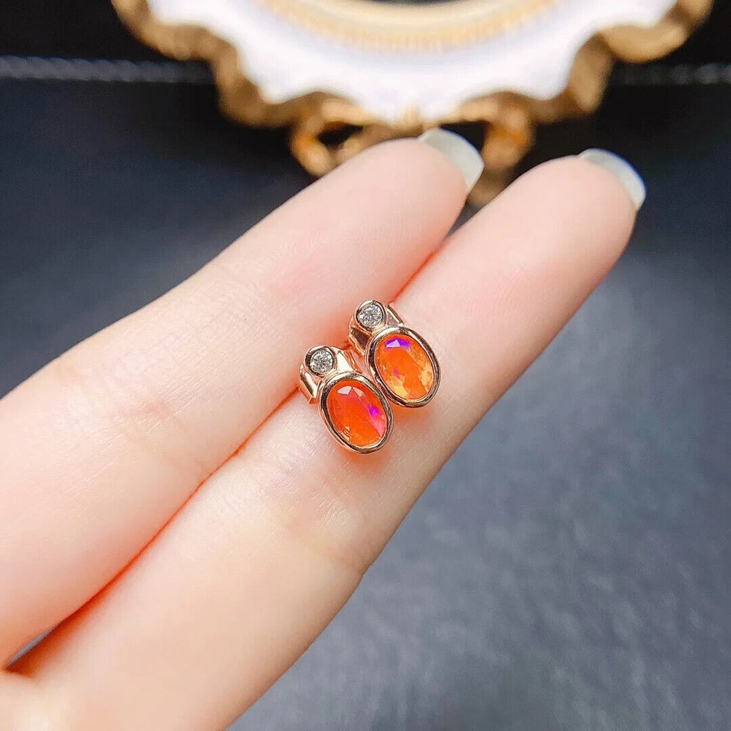 Orange Fire Opal Stud Earrings 5x7mm, Natural Orange Fire Opal Earrings