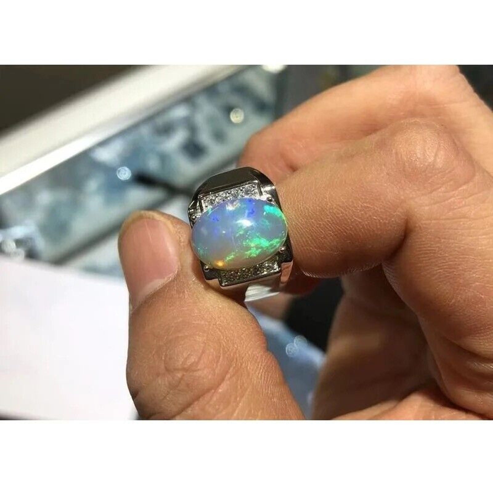 Men's Fire Opal Ring 10x15mm, Natural Opal Men's Ring 925 Sterling Silver