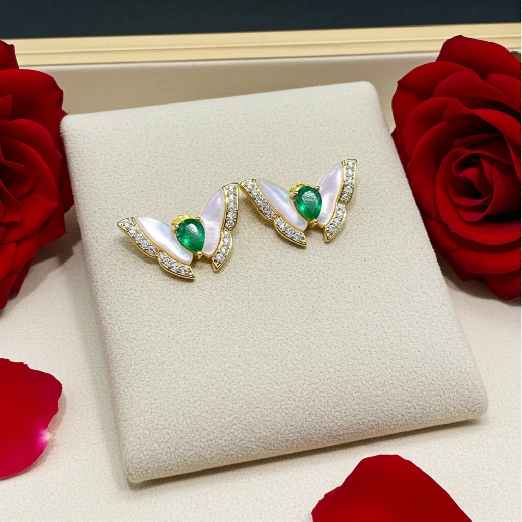 Colombian Emerald Butterfly Stud Earrings 14k Gold Plated