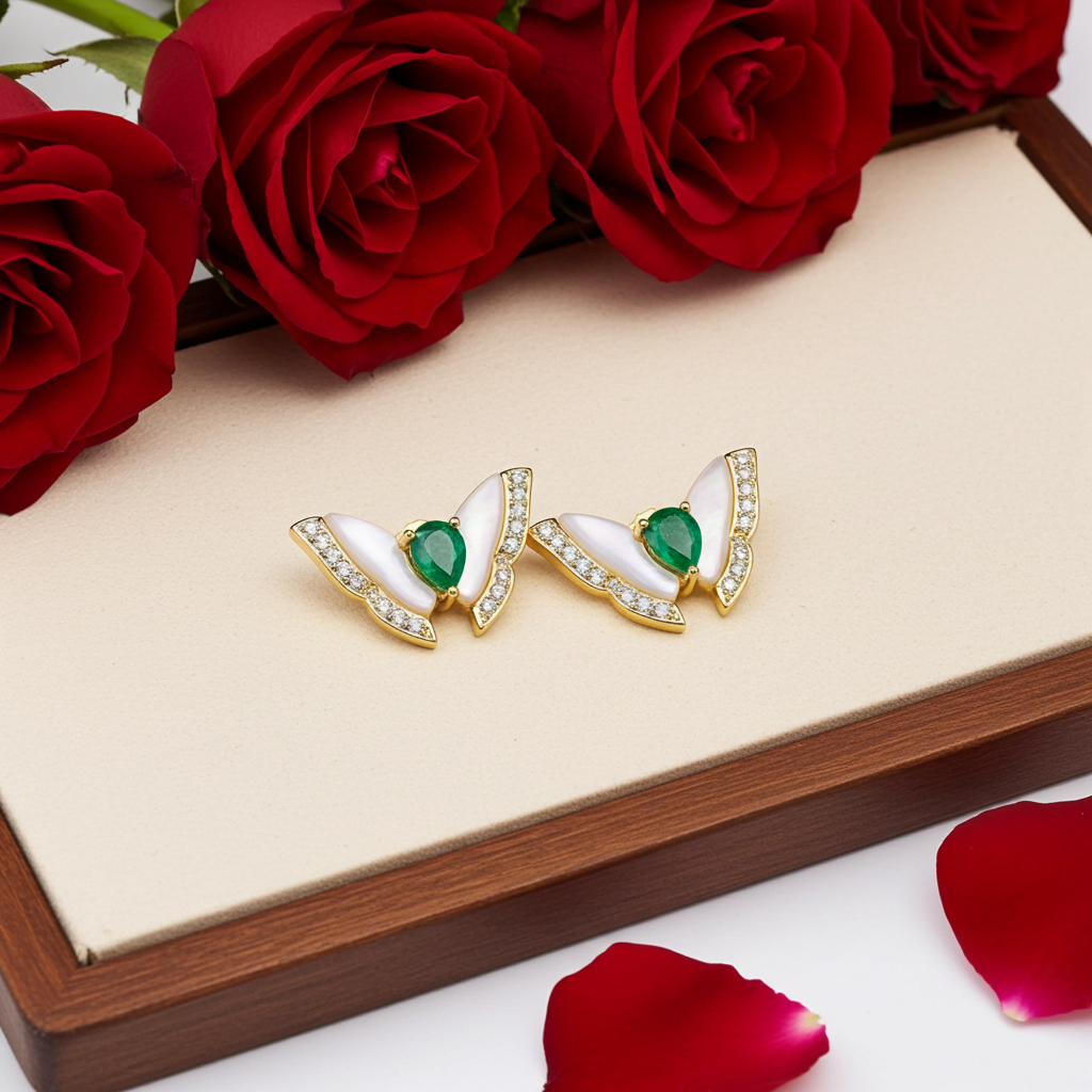 Colombian Emerald Butterfly Stud Earrings 14k Gold Plated