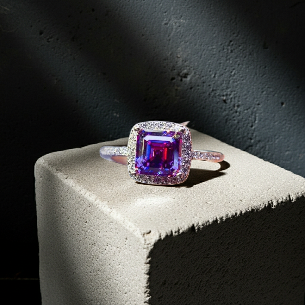 VVS1 1 CT Purple Asscher Cut Moissanite Ring 6mm