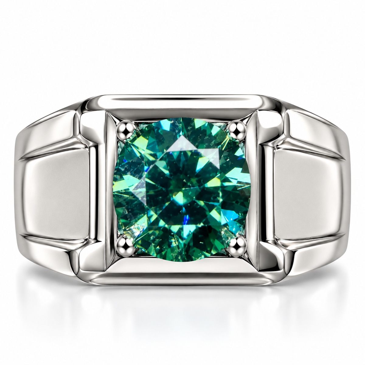2 carat VVS1 green moissanite men's ring with 8mm round brilliant cut center stone in 925 sterling silver
