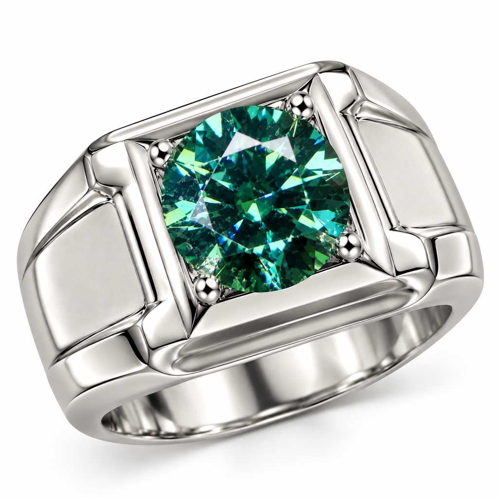 8mm round brilliant cut green moissanite men's ring showing polished 925 sterling silver setting