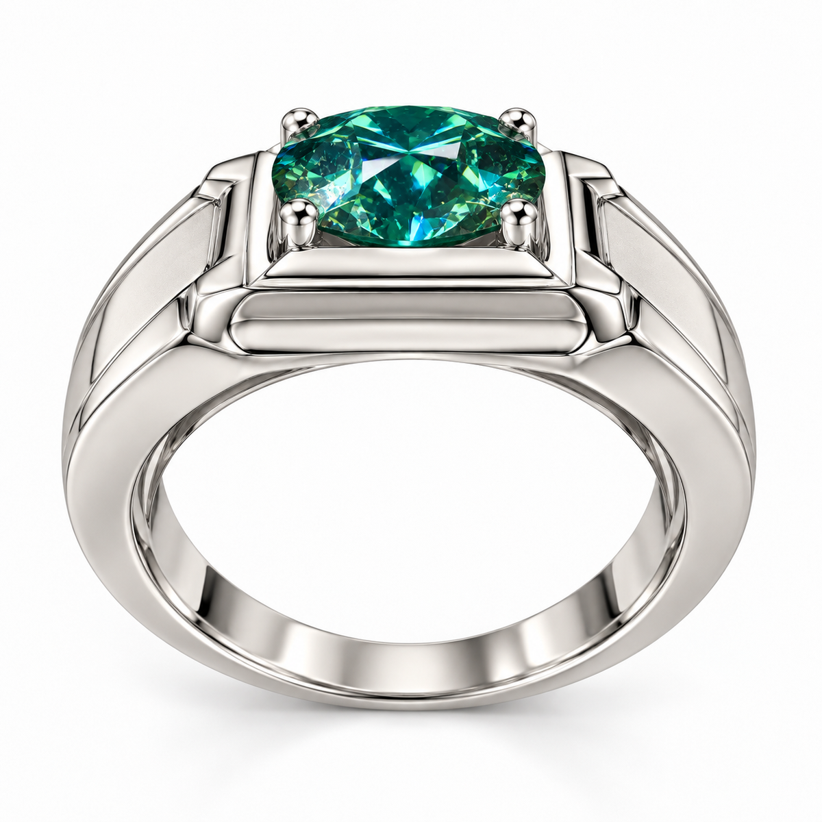 Side view of 2 carat green moissanite men's ring with substantial 925 sterling silver setting