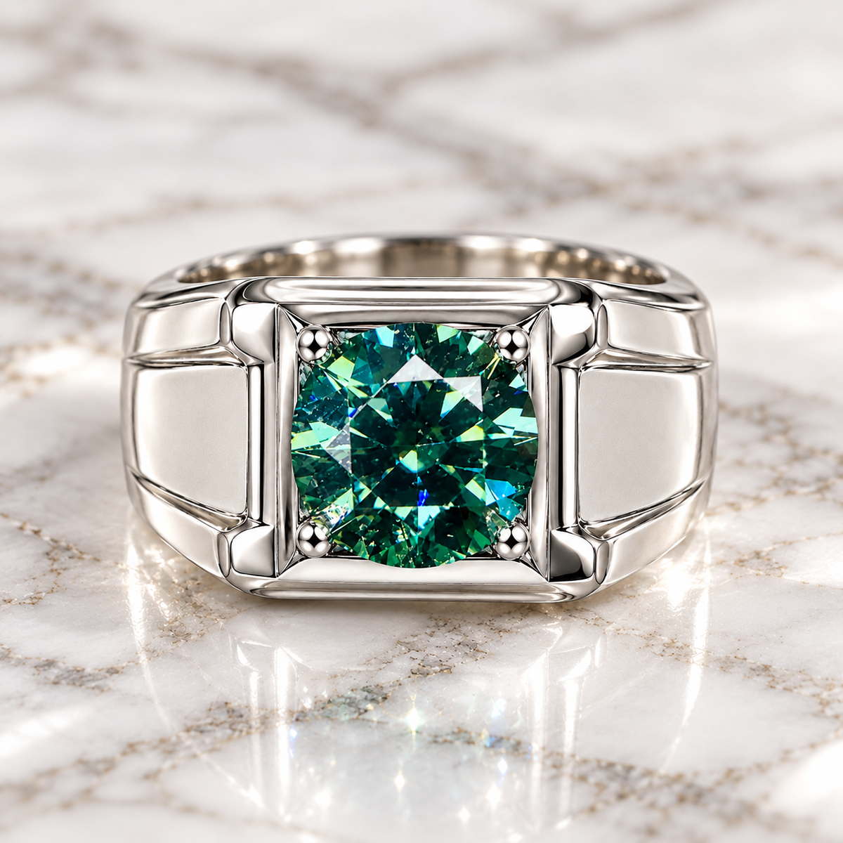 A silver-toned men's ring featuring a cushion-cut emerald-cut green gemstone, displayed on a white and gray marble surface.