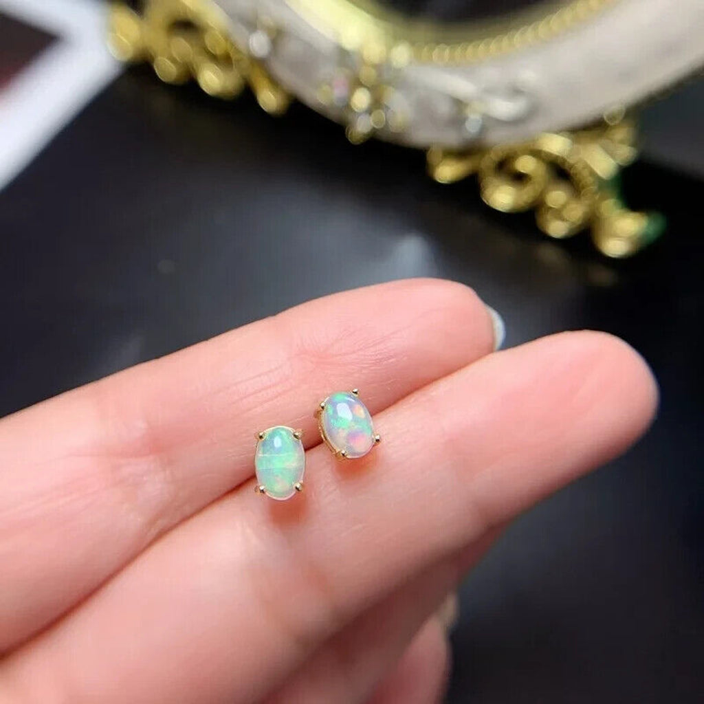 White Fire Opal Stud Earrings, Natural Opal 5x7mm Stud Earrings Sterling Silver