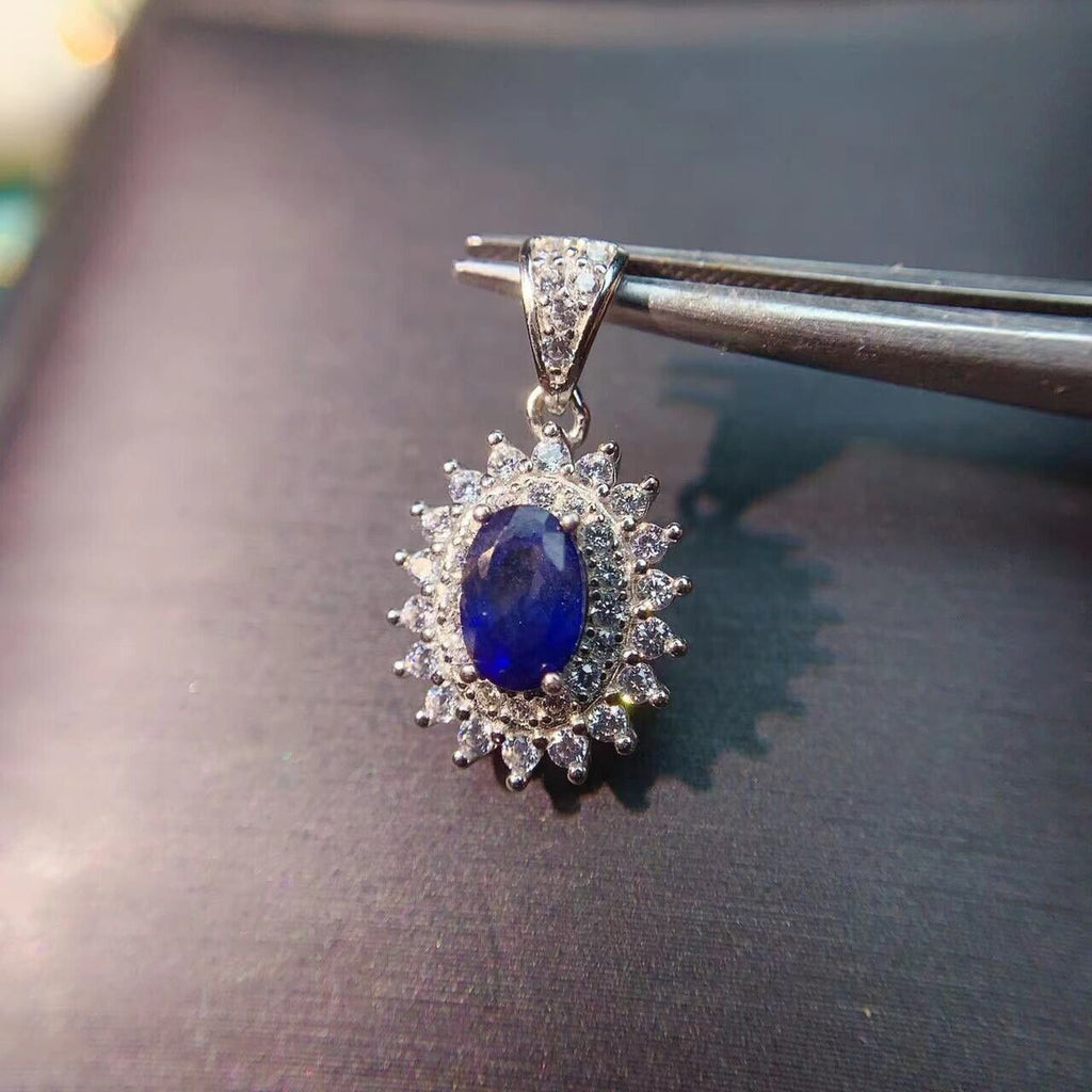 Genuine Blue Sapphire 4x6mm Pendant, Natural Sapphire Pendant with CZ Sterling
