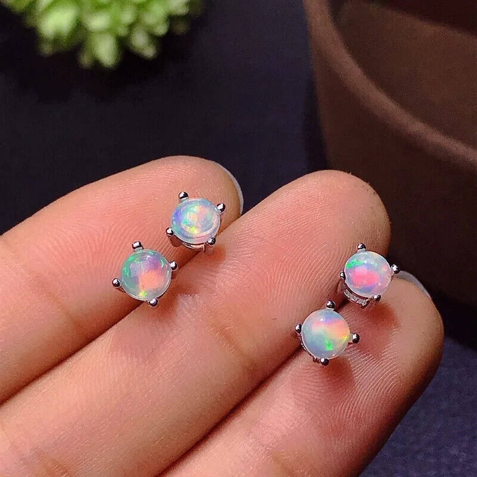 White Fire Opal Stud Earrings, Natural Opal 5x5mm Stud Earrings Sterling Silver